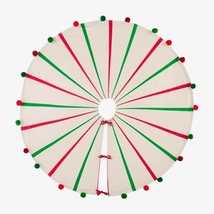 Mud Pie Pom Pom Christmas Tree Skirt 57” Diameter Red Green Canvas & Bows